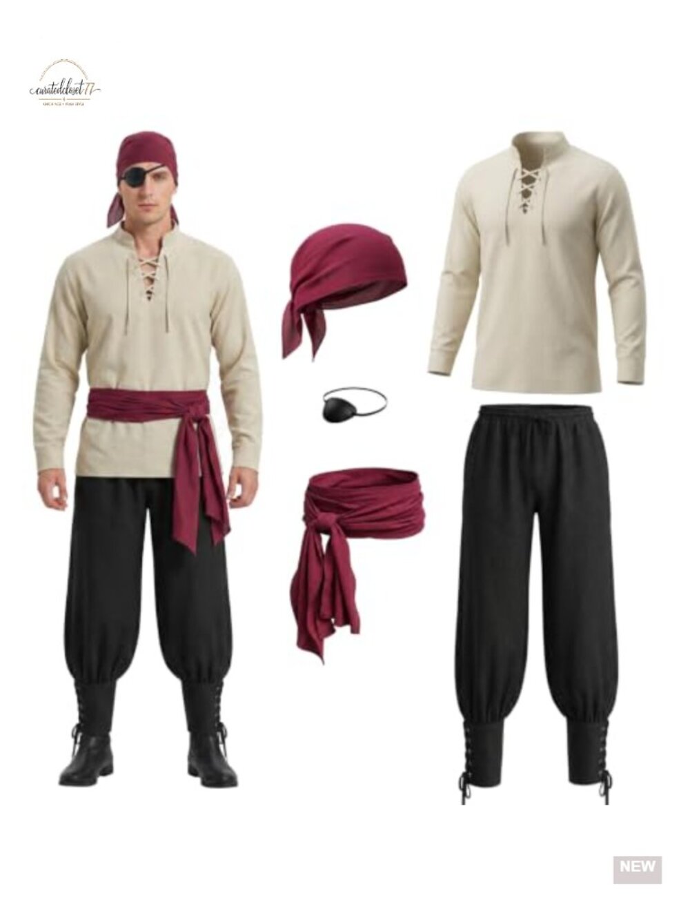 Men's Pirate Costume Set 5 Pc Renaissance Medieval Outfit Shirt Pants Halloween